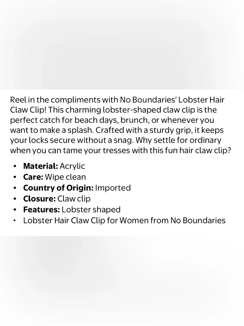 NWT No Boundaries Lobster Hair Claw Clip Pink Acrylic Beach Coastal Cute